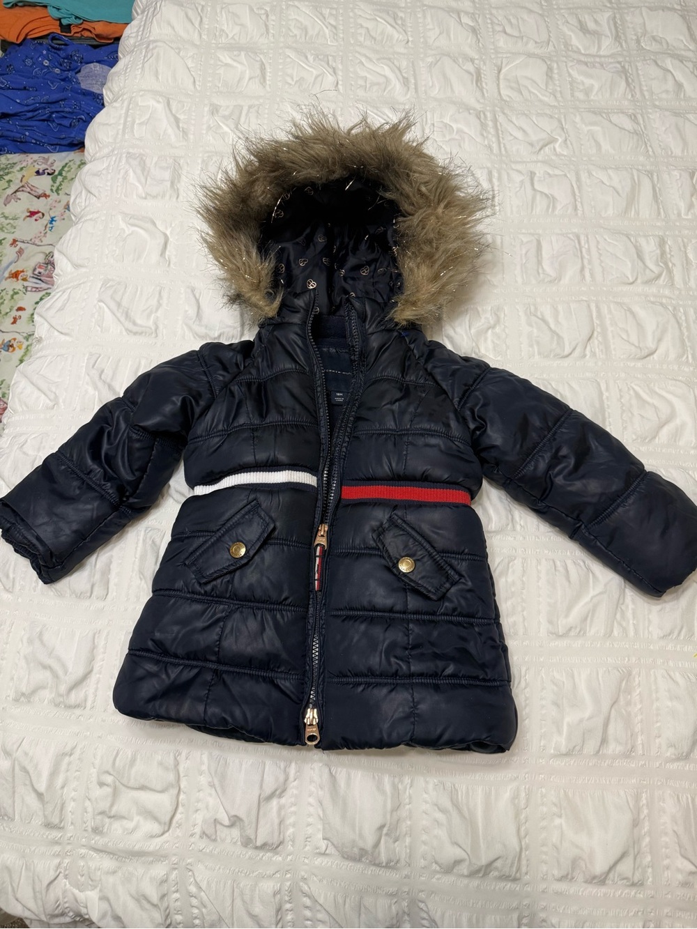 Tommy Hilfiger Navy Hooded Puffer Coat with Faux Fur Trim
